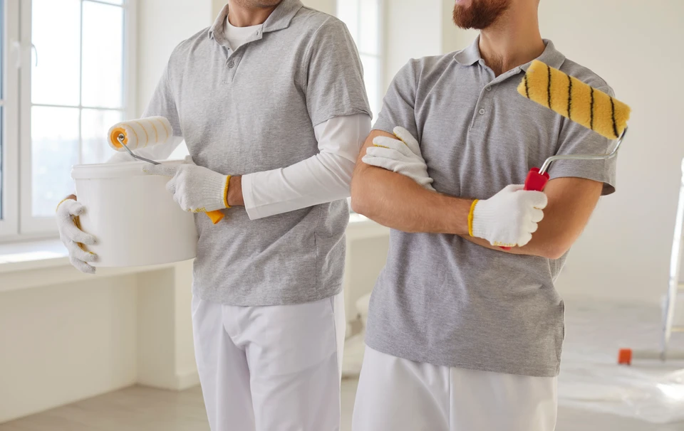Femme choisissant la couleur de peinture parfaite pour sa chambre avec un peintre et décorateur professionnel, elle tient des nuances de couleurs